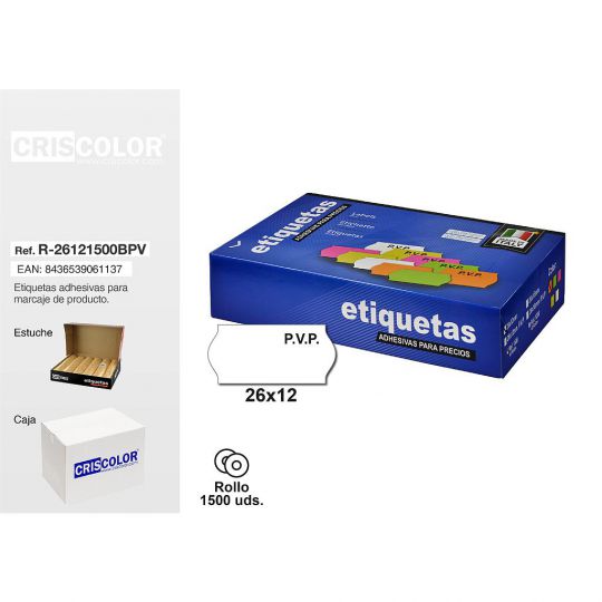 ETIQUETAS 26X12MM PVP BLANCAS ROLLO 1500UDS (Pack 8 rollos).