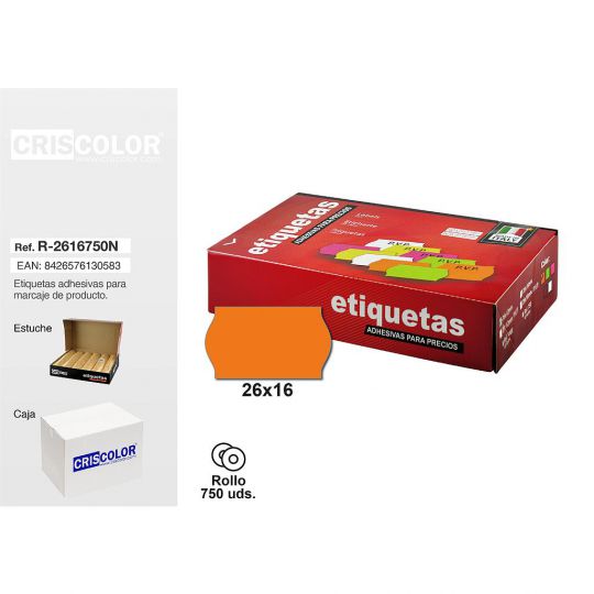 ETIQUETAS 26X16MM NARANJAS ROLLO 750UDS (Pack 8 rollos).