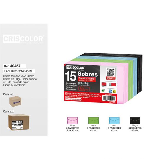SOBRE TARJETA 75X120MM SURTIDO 4 COLORES (45 DE CADA COLOR - 180 Sobres)