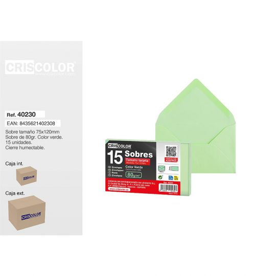 SOBRE TARJETA 75X120MM VERDE PACK 15UDS (Caja 36 Packs).