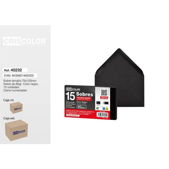 SOBRE TARJETA 75X120MM NEGRO PACK 15UDS (Caja 36 Packs).