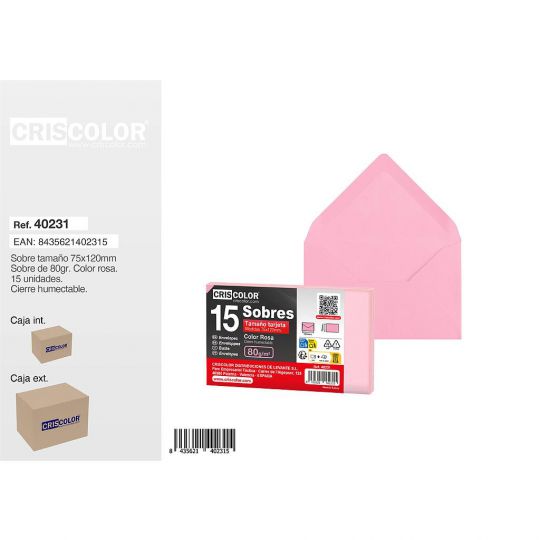 SOBRE TARJETA 75X120MM ROSA PACK 15UDS (Caja 36 Packs).