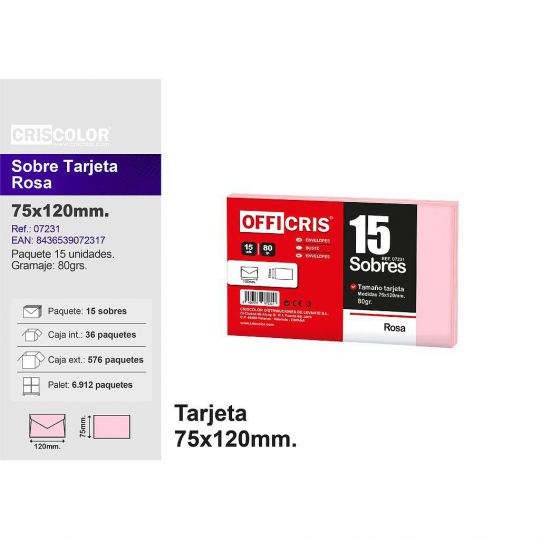 SOBRE TARJETA 75X120MM ROSA PACK 15UDS