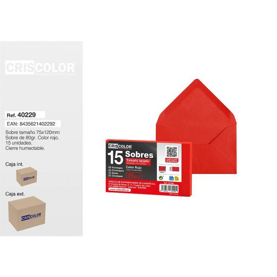 SOBRE TARJETA 75X120MM ROJO PACK 15UDS (Caja 36 Packs).
