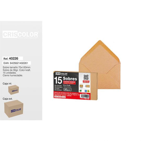 SOBRE TARJETA 75X120MM KRAFT PACK 15UDS (Caja 36 Packs).