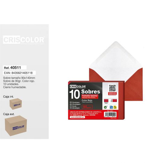 SOBRE TARJETA 90X140MM ROJO PACK 10UDS (Caja 50 Packs).