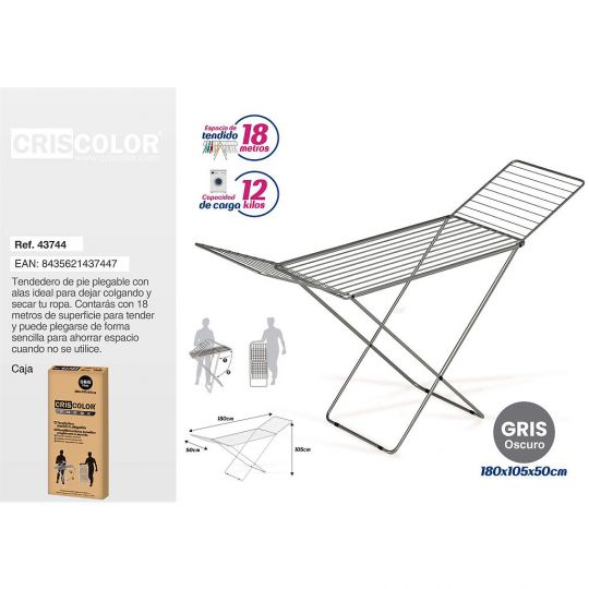 TENDEDERO METALICO PLEGABLE 180X105X50CM GRIS OSCURO