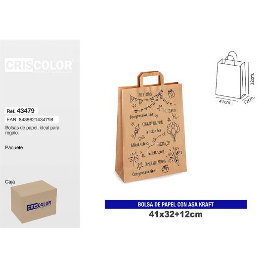 BOLSA PAPEL CON ASA KRAFT 41+12x32 FELICIDADES DECORADO (PACK 12 UDS)