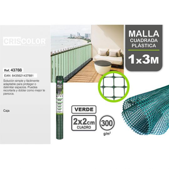 MALLA CUADRADA PLASTICA 1X3M VERDE CUADRICULA 2X2 CM