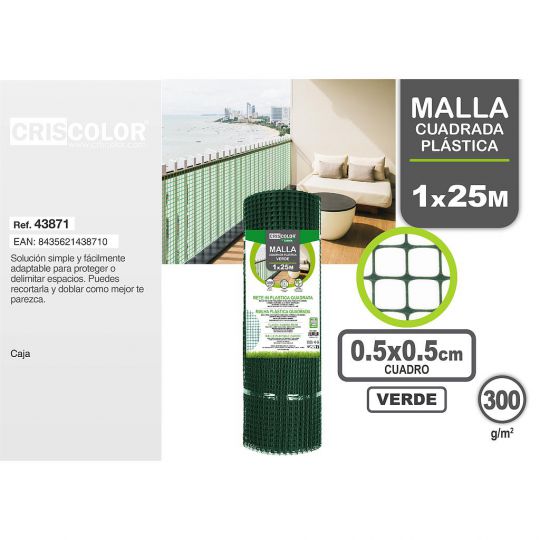 MALLA CUADRADA PLASTICA 1X25M VERDE CUADRICULA 0.5X0.5CM