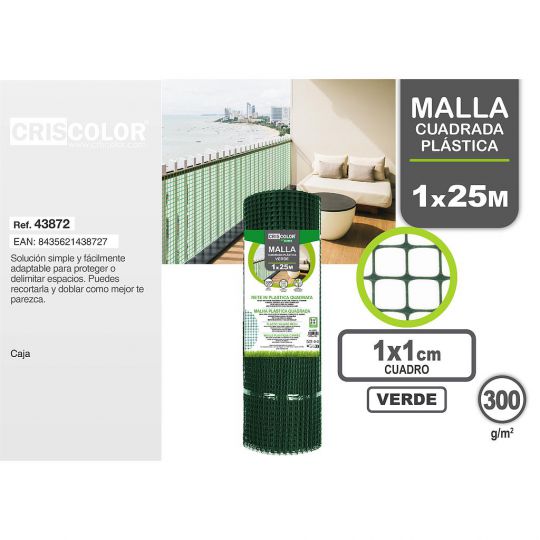 MALLA CUADRADA PLASTICA 1X25M VERDE CUADRICULA 1X1CM