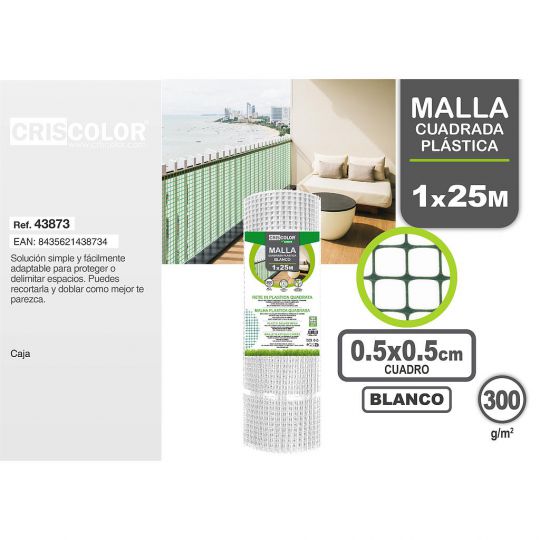 MALLA CUADRADA PLASTICA 1X25M BLANCA CUADRICULA 0.5X0.5CM