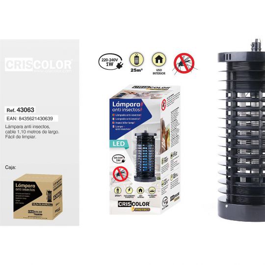 LAMPARA LED NEGRA ANTI INSECTOS 12,5x12,5x28,5CM   NºRII-AEE: 8813