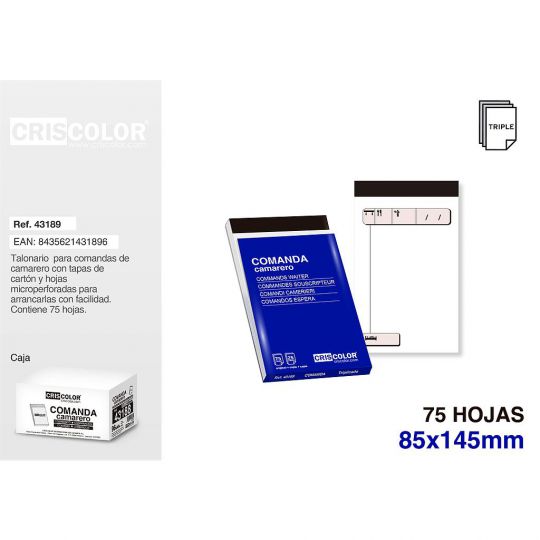 COMANDA 85X140MM TRIPLICADO 75 HOJAS 25 JUEGOS (Pack 12Und).