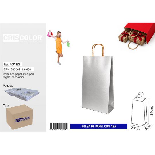 BOLSA PAPEL CON ASA 20+8x39 PLATA (PACK 25 UDS)