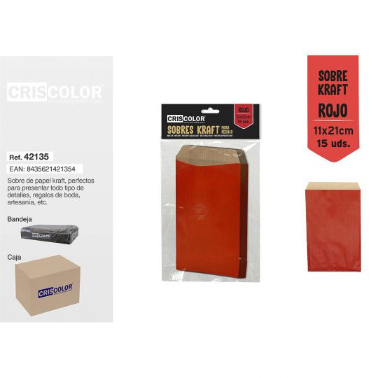 SOBRE KRAFT ROJO 11x21CM PACK 15UDS (Caja 12 Packs).
