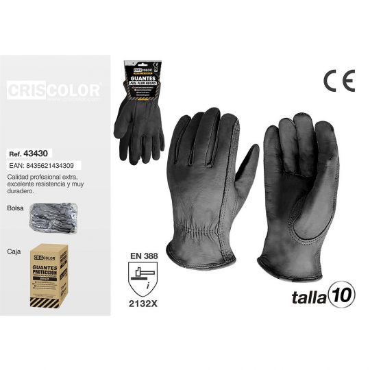 GUANTE TRABAJO PIEL FLOR NEGRO TALLA 10 (Pack 6Und).
