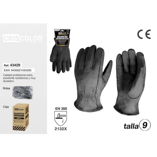 GUANTE TRABAJO PIEL FLOR NEGRO TALLA 9 (Pack 6Und).
