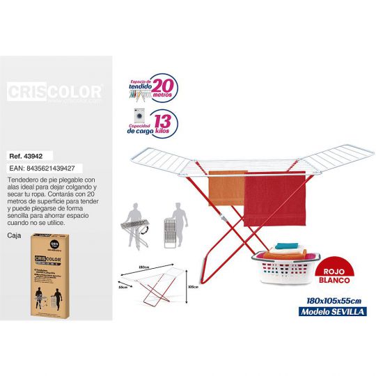 TENDEDERO METÁLICO PLEGABLE 180X105X55CM ROJO/BLANCO SEVILLA