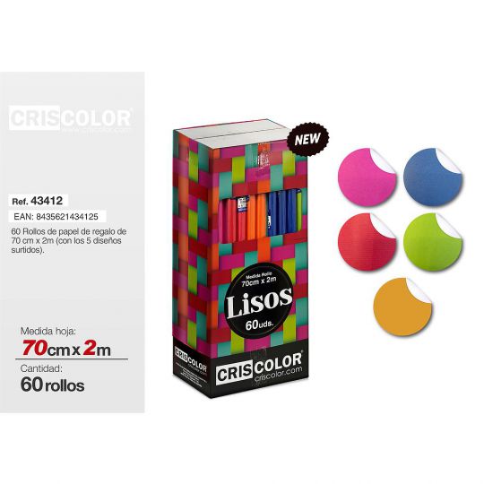 PAPEL REGALO 70CMX2M LISOS (Caja 60 Und).