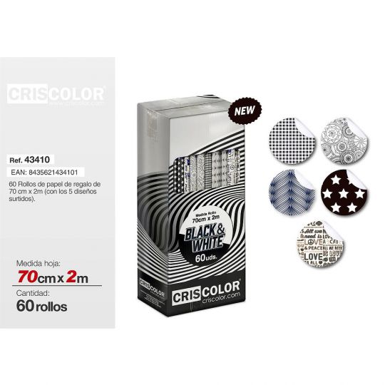 PAPEL REGALO 70CMX2M BLACK&WHITE (Caja 60 Und).