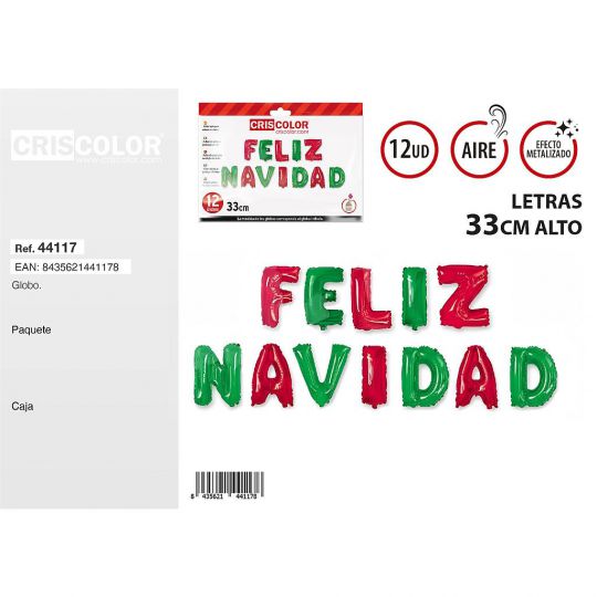 GLOBOS LETRAS FELIZ NAVIDAD 33CM