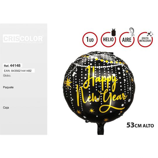 GLOBO REDONDO HAPPY NEW YEAR ORO Y NEGRO 53CM