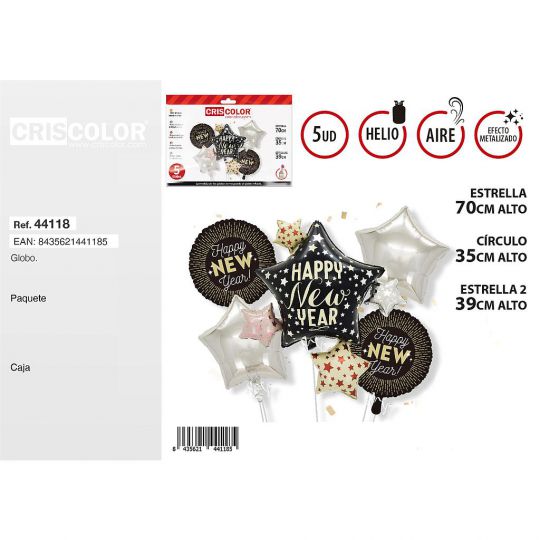 SET GLOBOS ESTRELLAS HAPPY NEW YEAR 5UDS