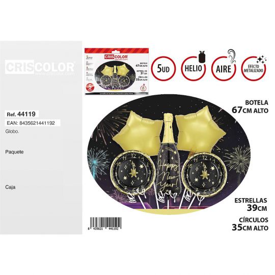 SET GLOBOS BOTELLA HAPPY NEW YEAR 5UDS