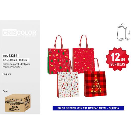 BOLSA PAPEL 26+10x32 NAVIDAD METAL SURTIDA 210GR (PACK 12 UDS)