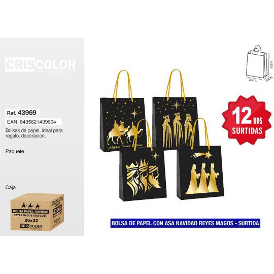 BOLSA PAPEL 26+10x32 NAVIDAD REYES MAGOS ORO SURTIDA 210GR (Pack 12UDS)