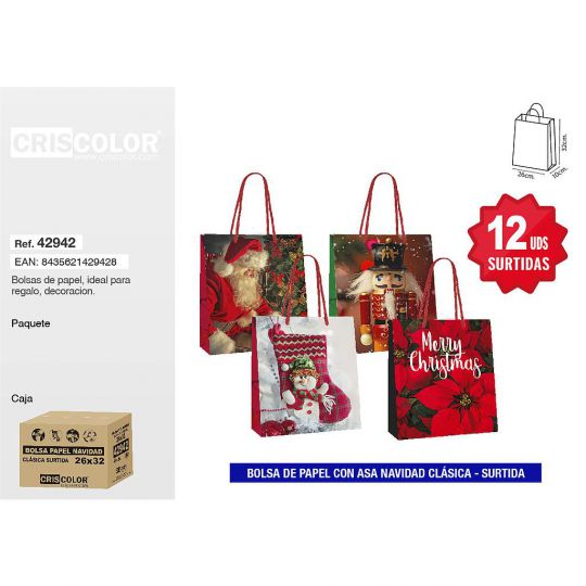 BOLSA PAPEL 26+10x32 NAVIDAD CLASICA SURTIDA 210GR (Pack 12Und).