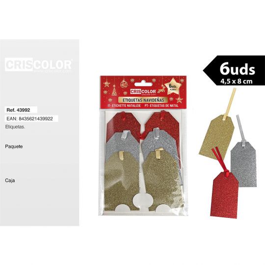 ETIQUETAS NAVIDEÑAS METAL EFECTO 4,5x8CM 6UDS