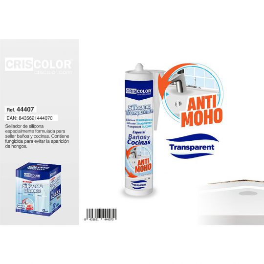 SILICONA TRANSPARENTE BAÑOS Y COCINAS ANTIMOHO 280ML (Caja de 12Und).