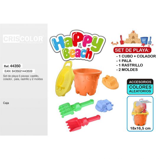 HAPPY BEACH SET CASTILLO, COLADOR, PALA, RASTRILLO  y2 MOLDES