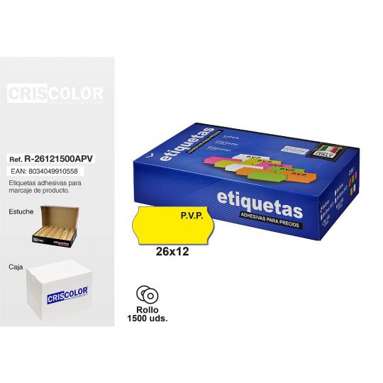 ETIQUETAS 26X12MM PVP AMARILLAS ROLLO 1500UDS (Pack 8 rollos).