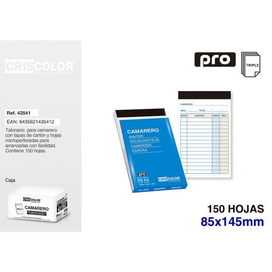 CAMARERO 85X140MM TRIPLICADO 150 HOJAS 50 JUEGOS (Pack 12Und).