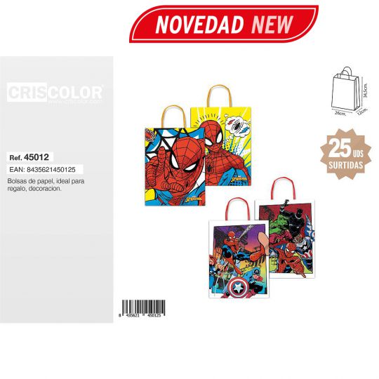 BOLSA PAPEL 26+12X34,5CM VENGADORES SURTIDA 110GR (PACK 25 UDS)