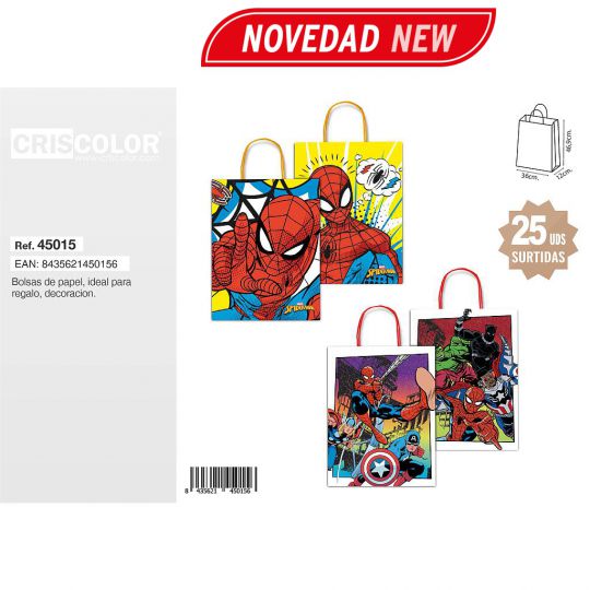 BOLSA PAPEL 36+12X46,9CM VENGADORES SURTIDA 110GR (PACK 25 UDS)