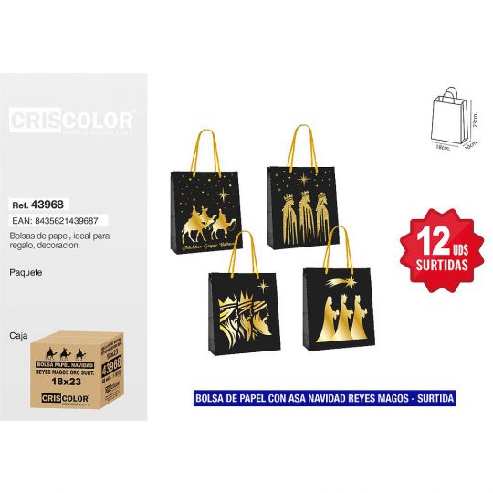 BOLSA PAPEL 18+10x23 NAVIDAD REYES MAGOS ORO SURTIDA 210GR (Pack 12UDS)