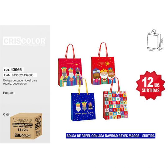 BOLSA PAPEL 18+10x23 NAVIDAD REYES MAGOS SURTIDA 210GR (Pack 12Und).