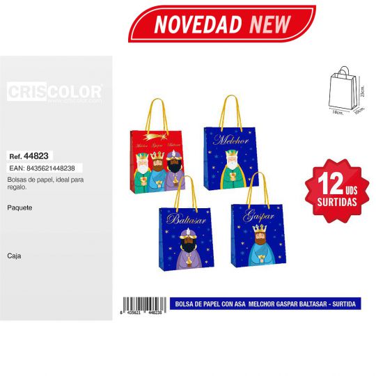 BOLSA PAPEL 18+10x23 NAVIDAD MELCHOR GASPAR BALTASAR SURTIDA 210GR (Pack 12Und).