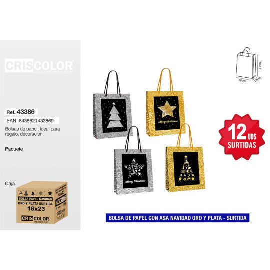 BOLSA PAPEL 18+10x23 NAVIDAD ORO Y PLATA SURTIDA 210GR (Pack 12Und).