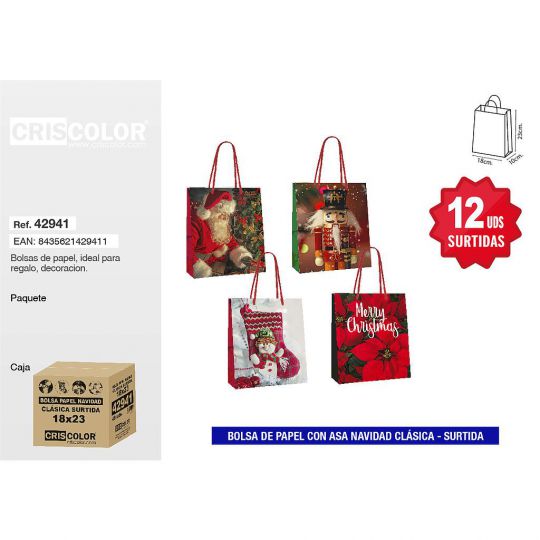 BOLSA PAPEL 18+10x23 NAVIDAD CLASICA SURTIDA 210GR (Pack 12Und).