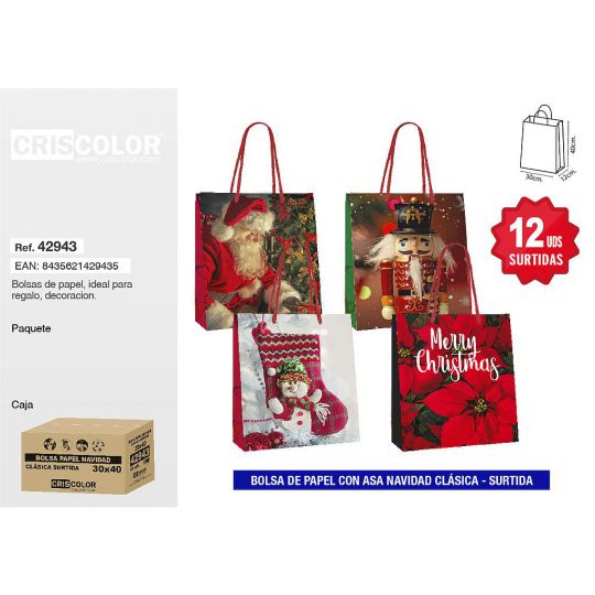 BOLSA PAPEL 30+12x40 NAVIDAD CLASICA SURTIDA 210GR (Pack 12Und).