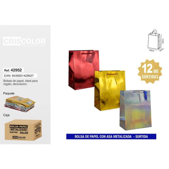BOLSA PAPEL 26+10x32 METALIZADA SURTIDA 180GR (Pack 12Und).