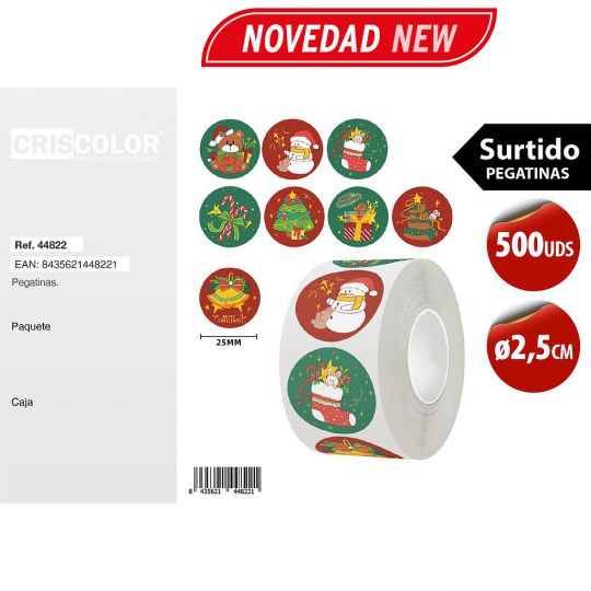 ROLLO 500 PEGATINAS NAVIDADEÑAS 2,5CM (Pack 12Und).