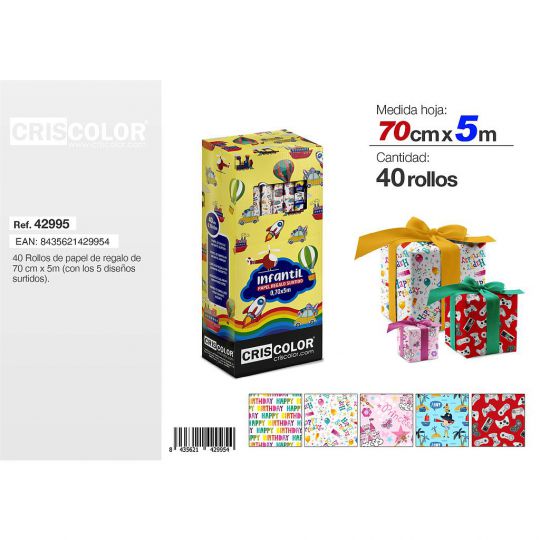 PAPEL REGALO 70CMX5M SURTIDO INFANTIL DECORADO (Caja 40 Und).
