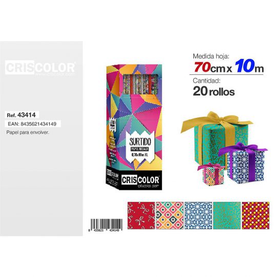 PAPEL REGALO 70CMX10M SURTIDO XL (Caja 20 Und).