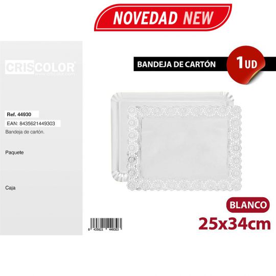 BANDEJA CARTON RECTANGULAR 25X34CM CON BLONDA DE PAPEL BLANCO (Pack 12Und).